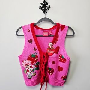 NWT Strawberry Shortcake Sweater Vest Size XS Pink Hearts Tie Front Cardigan